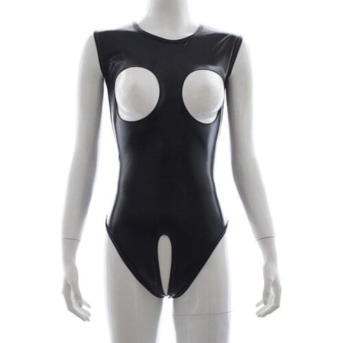 Hollow Bust Black Sexy PVC Leather Bodysuit Women High Cut Thong Open Crotch Cupless Erotic Leotard Party Clubwear Bodysuit
