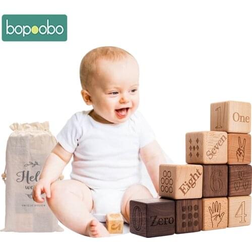 Bopoobo Montessori Toys 10pc/SET Wooden Digital Pattern Cube Baby Early Education Toys Photography Background Newborn Birth Gift