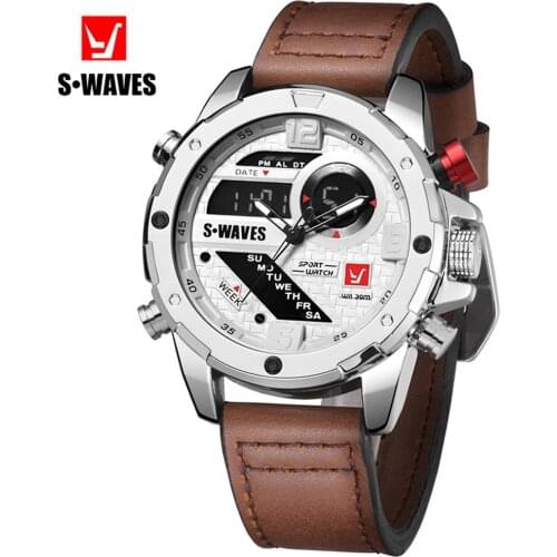 SWAVES Fashion Watches Mens 2019 Waterproof Dual Display Wrist Watch Men Unique Sports Quartz Alarm Clock Leather Reloj Hombre