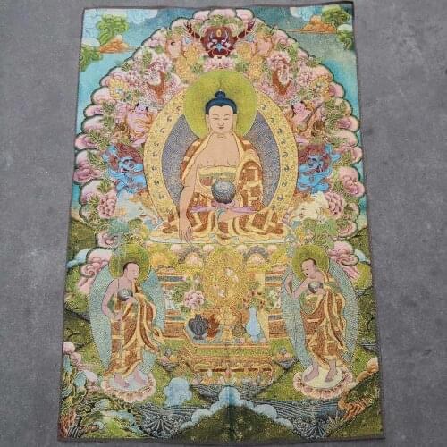 Home Decor 35" Thangka embroidery Tibetan Buddhism silk embroidery brocade Nepal Medicine Buddha Shakyamuni Avatar Thangkas