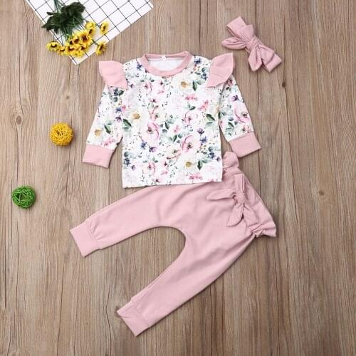 Emmababy Autumn Newborn Baby Girl Clothes Flower Print Fly Long Sleeve Tops Long Pants Headband 3Pcs Outfits Clothes