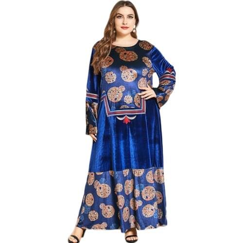 Ethnic Velvet Long Dress Printed Embroidery Abaya Arab Jilbab Turkish Dubai Autumn Winter Plus Size Middle East O-neck Fashion