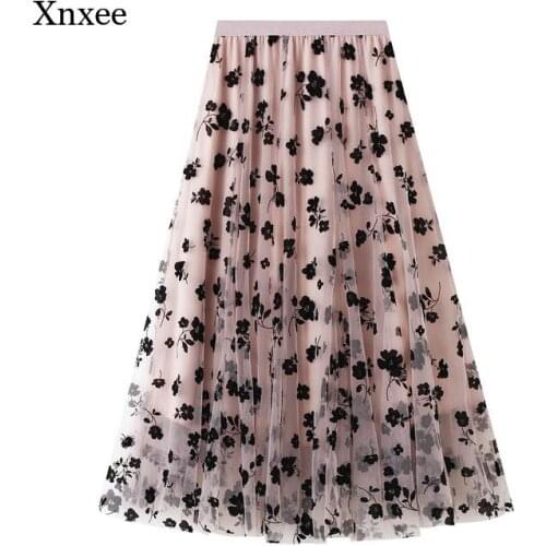 Flocked Mesh Long Pleated Skirt High Waist Tulle Skirt Women Spring Summer Elastic Women A-Line Skirt Female Midi Skirts Clothes