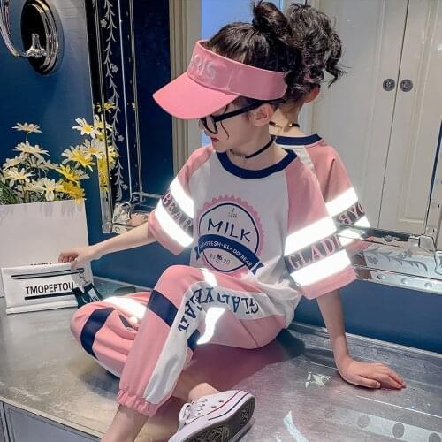 Kids clothing 2 Pcs Girls luminous Clothing Sets Summer Short Sleeve T-Shirt+Pants Children Clothes Suits 6 7 9 10 11 12 13 yrs