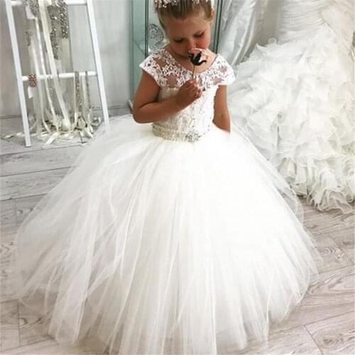Classic Flower Girl Dresses Lace Appliques Tulle Beaded belt Sleeveless O-neck Kids First Holy Communion Pageant Party Dresses