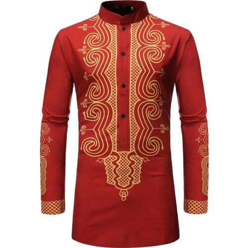Red Men Shirt African Clothes Nice Brand African Dashiki Robe Print Dress Shirt Men Long Sleeve Streetwear African Clothing XXL