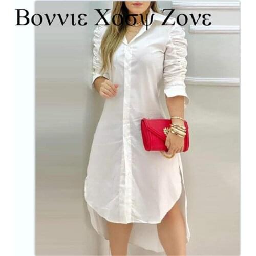 Summer Women Plain Turn-down Collar Pleated High-low Cut Long Shirt Dress