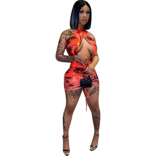 Womens Sheath Dress Fashion Printed Cross Halterneck Dress Concept Club Woman Clothing Linen Woman Dress for Women Short Dresses