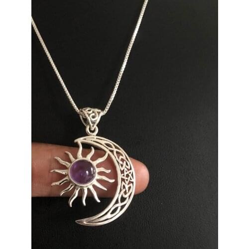 Amethyst Pendant,Silver Celtic Necklace, Amethyst Crescent Jewelry, Celtic Moon & Sun Necklace