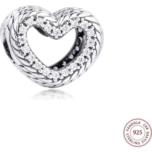 Real 925 Sterling Silver Snake Chain Pattern Open Heart Charms Fits Original Pandora Bracelet Beads for Jewelry Making bijoux