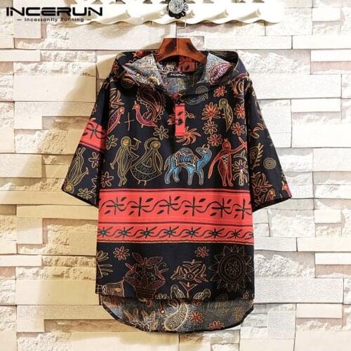 Men Hooded Half Sleeve Shirt Vintage Printed Shirts Casual Loose Buttons Pullovers Man Cotton Thin Sweatshirt Camisa Plus Size 7