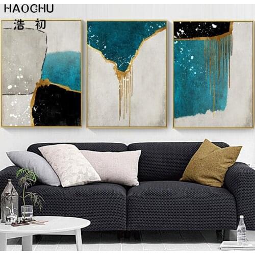 HAOCHU Blue Black Abstract Color Block Geometric Decoration Picture Art Print Poster Home Decoration Canvas Painting For Hotel