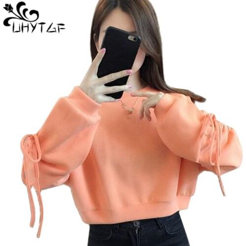 UHYTGF 2021New Spring Autumn Sweatshirt Women Long-Sleeved Bow Pullover Casual Female Short Coat Cute Girl Hoodies Thin Top 1759