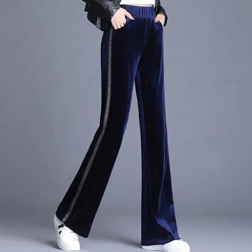 Women Casual Gold Velvet Trousers New High Waist Bottoms Flare Pants Plus Size Side Striped Wide Leg Pants Loose Stretch Pants
