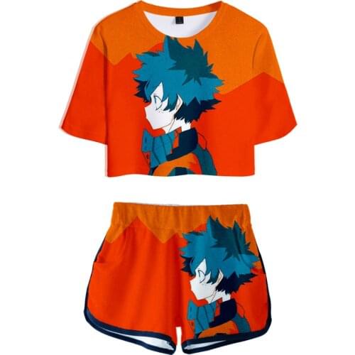 Summer 3D Comic My Hero Academia Womens Two Piece Sets New Exposed Navel t shirt and Shorts Casual Summer Yellow Girls Suits