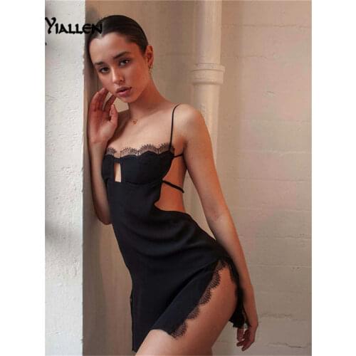 Yiallen Summer Women Black Dress New Nightwear Temptation Sexy Lace Light Luxury French Backless Dresses High Split Night Robe