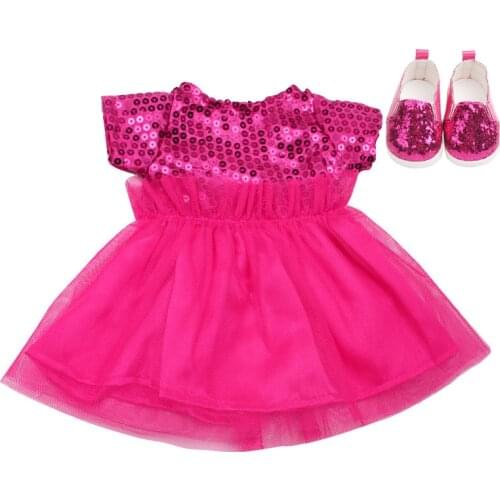 18 inch Girls doll dress pink skirt lace evening gown with shoes American born clothes Baby toys fit 43 cm baby dolls c386