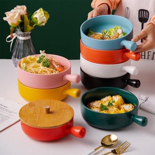 550ML Handled Ceramic Bowl With Wooden Lid Macaron Color Baking Tray Simple Kitchen Tableware Salad Ramen Bowls