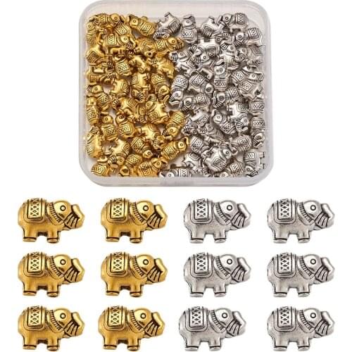 60pcs Tibetan Style Alloy Beads Elephant Charms Spacer Loose Bead Antique Golden Silver Color for DIY Bracelet Jewelry Making