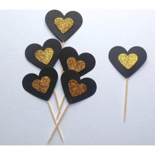 Glitter black hearts cupcake toppers Valentines day toothpick wedding Food Picks baby bridal shower Decor Decorations