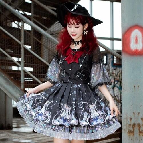 Gothic Lolita Sets Black Half Sleeve Shirt and Printed Swing Skirt