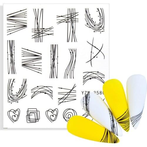 Black Geometric Lines Nail Water Stickers Spring Simple Flower Leaves Decals Slider DIY Nail Art Decoration Watermark Tattoos