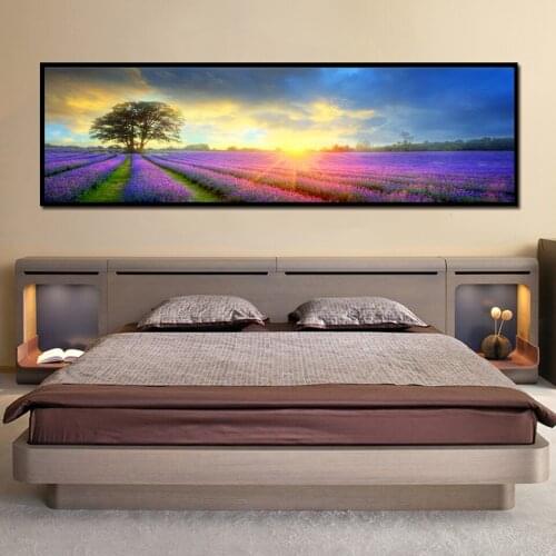 Wall Art Unframed Canvas Paintings Tree Lavender Flower Sea Sunset View Artwork HD Print Posters Living room Bedside Home Decor