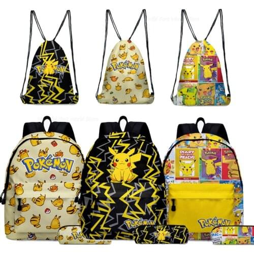 Pokemon Child Backpack Pikachu Rucksack Student Anime Figure Knapsack Cartoon Canvas School Bookbag Drawstring Pencil Bag Gift