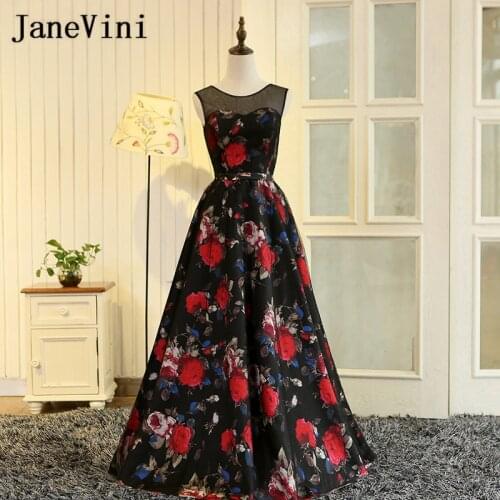 JaneVini 2018 Floral Print Long Prom Dresses Black Tulle Red Flowers Pattern Bridesmaid Dresses Girl Formal Wedding Party Gowns