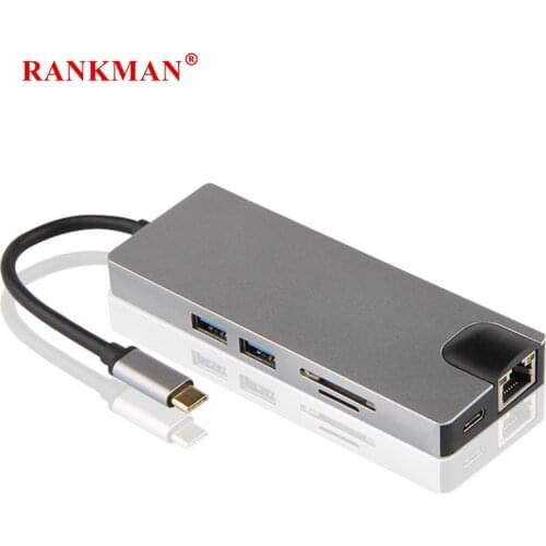 Rankman Type-C to 4K HDMI-compatible Ethernet RJ45 VGA USB C 3.0 SD TF Card Reader for MacBook Samsung S20 Dex Xiaomi 11 TV