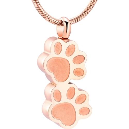 K001 Unique Double Dog Paw Print Cremation Jewelry for Ashes Pendant Loss of Pet Stainless Steel Memorial Keepsake Urn Necklace