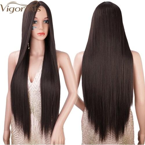 Vigorous Long Straight Black Wig Synthetic Wigs Natural Middle Hairline Lace Wig for Women High Temperature Daily Hair
