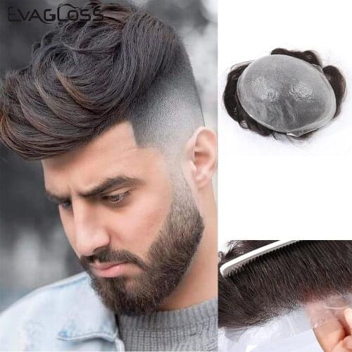 EVAGLOSS Mens Toupee Super Thin Skin Remy Human Hair Prosthesis Male Wig Hair Replacement System For Mens Wig