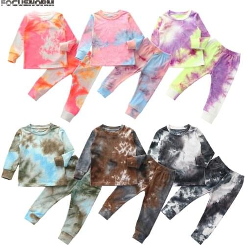 FOCUSNORM 1-6Y Autumn Winter Kids Boys Girls Pajama Sets Tie-Dye Printed Long Sleeve Pullover Tops Pants