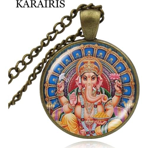 KARAIRIS New Handmade Art Glass Cabochon Ganesha Necklace Jewelry Dome Round Pendant Hindu Buddha Meditation Spiritual Necklaces
