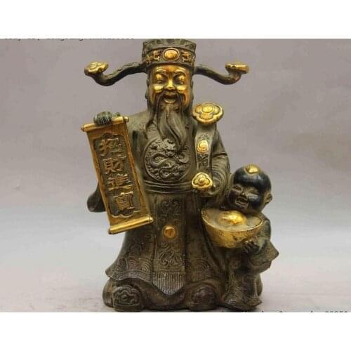China Bronze Copper Dragon God Of Wealth Boy Yuanbao Ruyi Mammon Cai Shen Statue