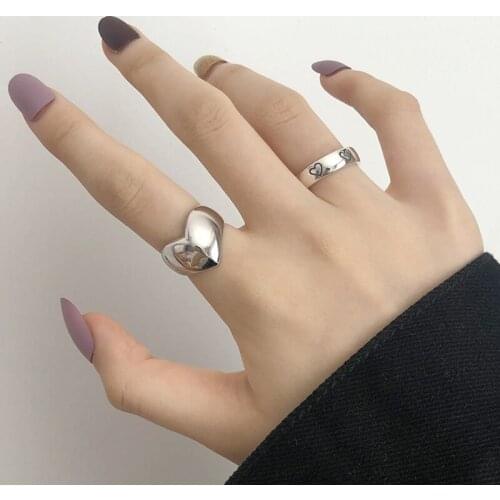 Minimalist Aesthetic Couple Love Heart Wide Womens Ring Fashion Geometric Handmade Adjustable Accessories Party Jewelry Gift