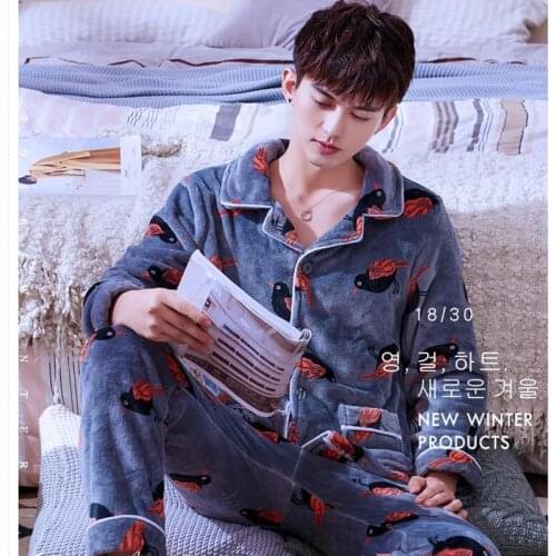 Men Pajamas Suits Male Thicken Flannel Autumn Winter Long-sleeved Coralline Velvet Homewear Leisure Comfortable Nightwear H5643