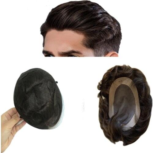 Mens Toupee 100% Human Remy Indian Hair Black Replacement System Hair Topper Pieces For Men with PU Base Size Natural Hairline