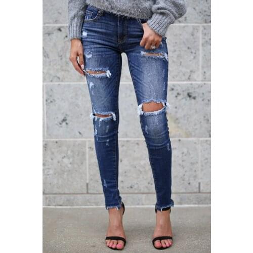 2021 New Skinny Holes Jeans Casual Stretch Skinny Pencil Pants Trousers Spring And Autumn Summer Blue Elastic High Waist Jeans