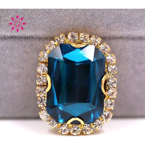 New Gold base Rectangular octagonal Peacock blue sew on rhinestones glass Crystal button DIY Wedding dress/clothing accessories