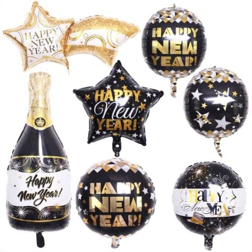 New Black Gold Happy New Year Balloon Tail Tooth Happy New Year Five-Pointed Star Shooting Star Wine Bottle 4D Ball Balloon