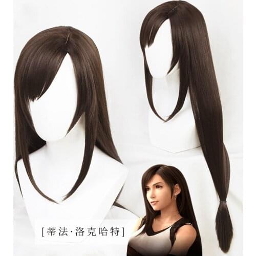 Tifa Lockhart Cosplay Wig 100cm Brown Straight Side Parting Styled Synthetic Hair Wigs + Wig Cap