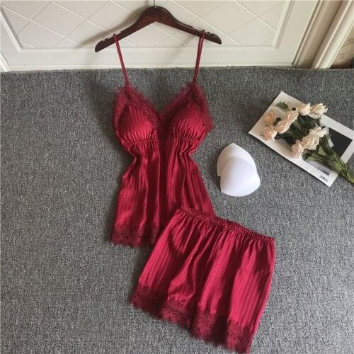 Summer womens pajamas sexy with chest pad ice silk sling embroidered shorts suit home service 2-piece set