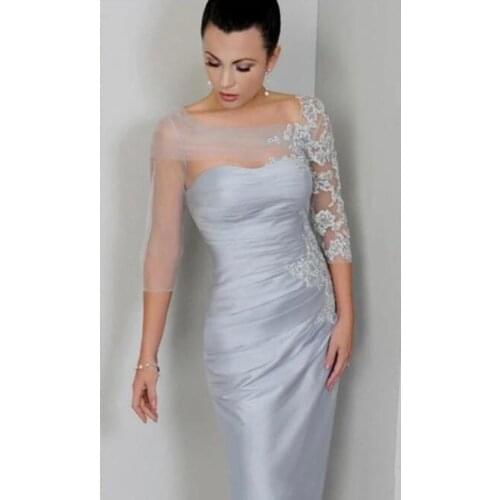 Silver Grey Mother of the Bride Dress 3/4 Long Sleeve Lace Tulle Satin Pleated Wedding Party Gown Evening Formal dress