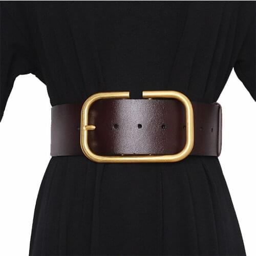 Leather Wide Belt For Women Gold Square Buckle Pin Buckle Jeans Black Belt Luxury Brand Ladies Vintage Strap Female Waistband