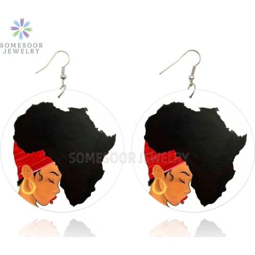 SOMESOOR Afro Natural Hair Big Hoops Woman Wooden Drop Earrings With African Map Printed Wood Dangle Jewelry For Women Gifts