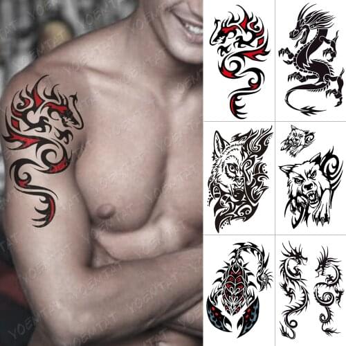 Waterproof Temporary Tattoo Sticker Dragon Fire Flash Tattoos Wolf Scorpion Body Art Arm Water Transfer Fake Tatoo Women Men