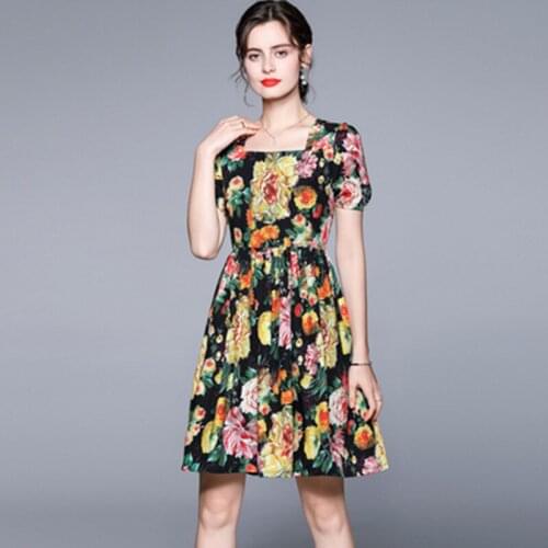 Vintage Women Flower Printed Dress Elegant Square Collar Puff Sleeve High Waist Summer Sweet Female Slim Pleated Beach Dresses