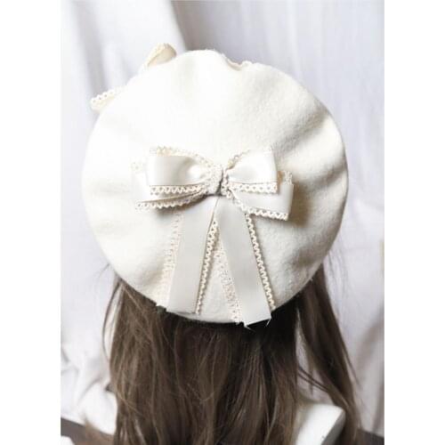Japanese Sweet Lolita Wool Beret Lace Trim Bowknot Dome Hat Beret Teen Girls Autumn Winter Flat Cap Lovely Women Painter Hat